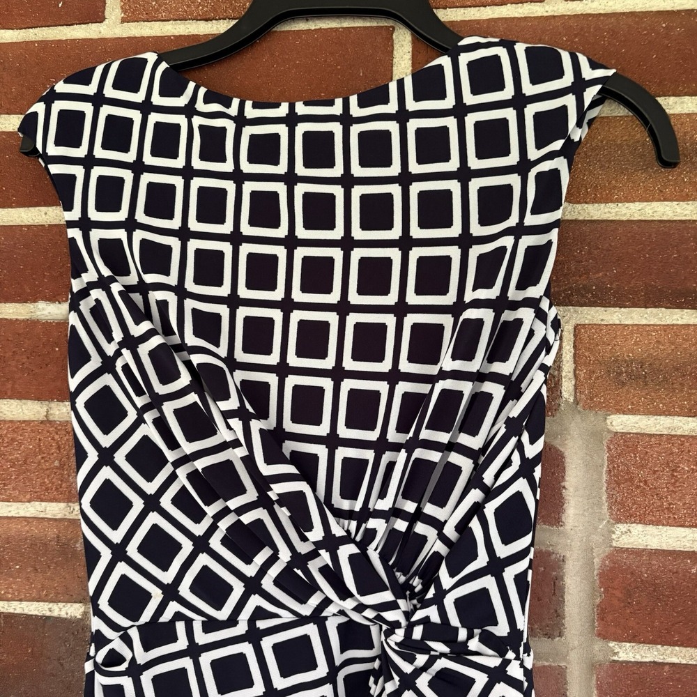 Lauren Ralph Lauren Dark Blue White Square Geometric Ruched Dress Sz 4 A2539 - Picture 2 of 5